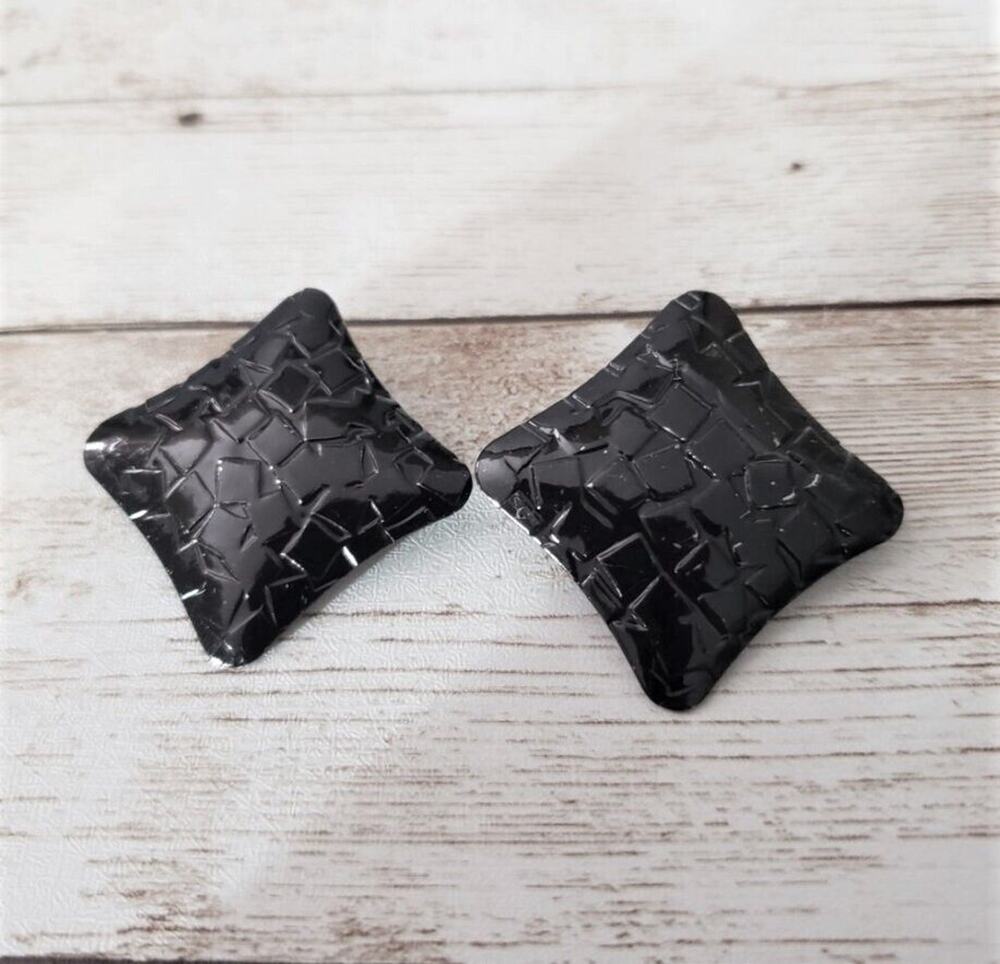 Vintage Clip On Earrings - Unusual Black Pattered Squished Square Shape